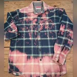 Wrangler Bleached Flannel Pink/Blue Plaid S Shirt Hearts on Back